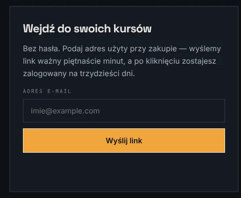 Zrzut z panelu: okno Wejdź do swoich kursów, logowanie linkiem bez hasła