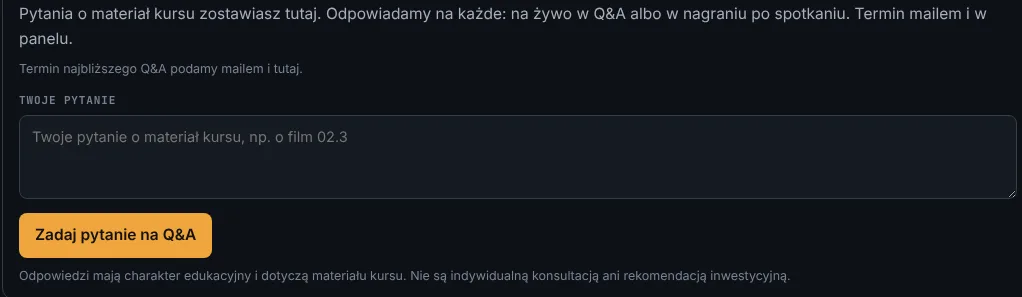 Zrzut z panelu: pole na pytanie do ekipy i przycisk Zadaj pytanie na Q&A